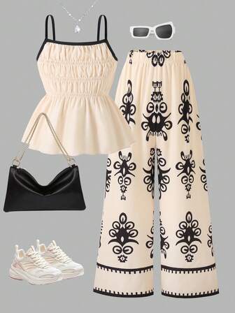 Toddler Girls Retro Ruffled Strap + Floral Print Pants Set, Comfortable & Lightweight Summer Outfit, Featuring Ruffle Strap Top And Wide Leg Printed Pants, Suitable For Beach, Picnics, Family Photo Shoots