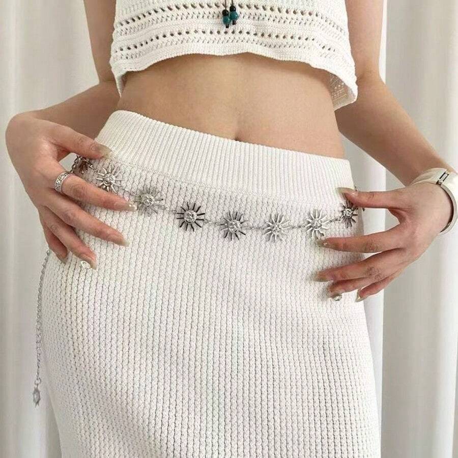 Metal Face Sunflower Waist Chain Body Chain Dress Waist Versatile Accessory,Sweet & Fashionable Gold Jewelry For Women, Suitable For Daily Wear, Beach, Date, Party - 銀色 - 查看 1