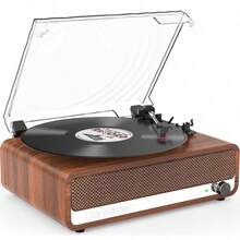 Vinyl Record Player With, All In One 3Speed Vintage StereoTurntable With Speakers, Brown
