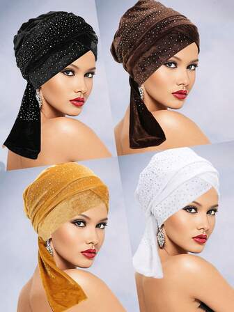 1 pezzo Turbante in velluto decorato con strass, foulard di moda con nastri, disponibile in più colori, adatto per primavera e autunno