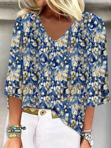 Floral Print V-Neck 3/4 Sleeve T-Shirt, Vacation & Daily Casual Women Apparel - Multicolor - View 1