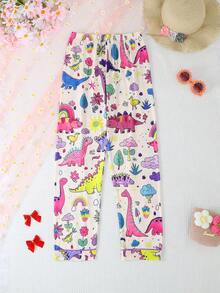 2 件套女孩和青少年休闲恐龙派对图案印花翻领长袖开衫和裤子睡衣套装，阻燃，适合所有季节