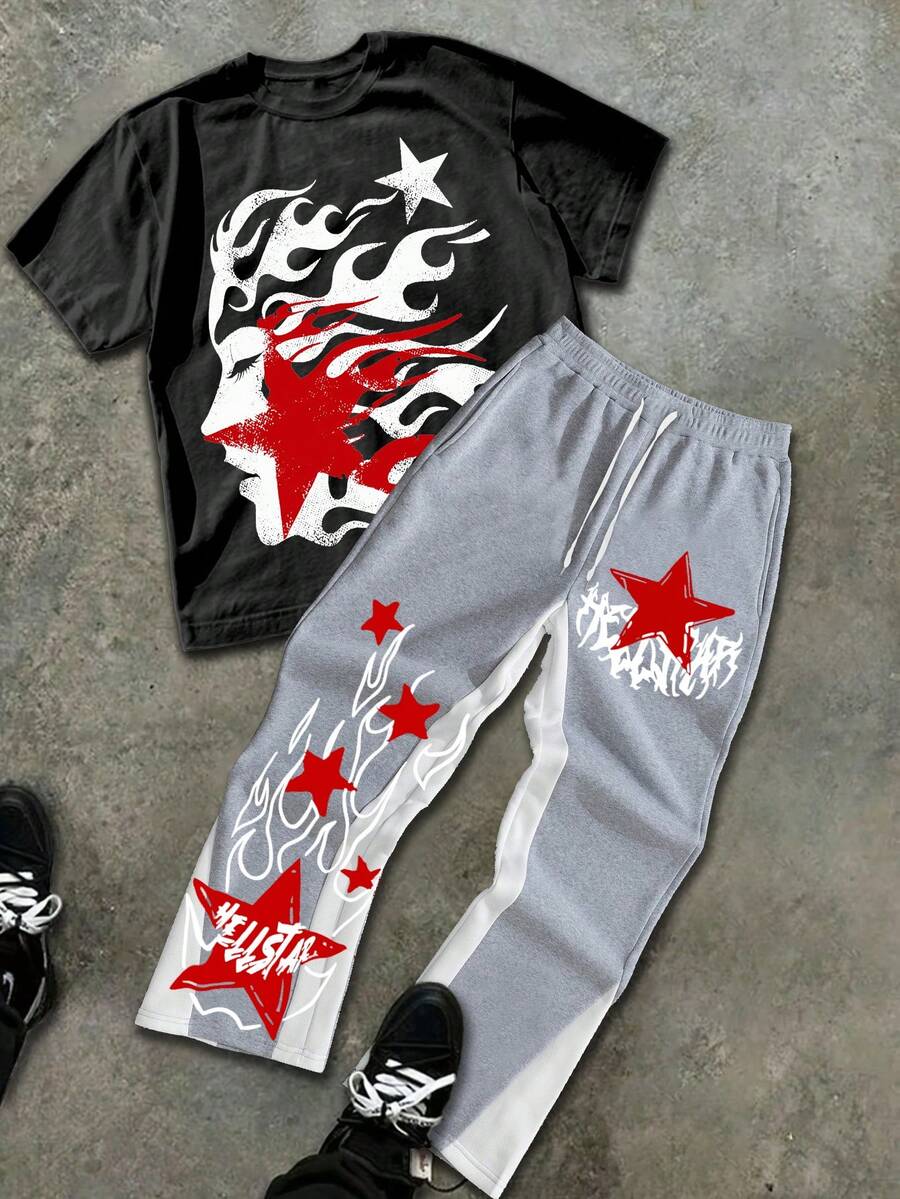 Men's Abstract Star Print Round Neck Short Sleeved Casual T-Shirt And Flame Print Pants 2-Piece Set, Men's Clothing, Versatile For Both Men And Women, T-Shirt And Sweatpants 2-Piece Set - Black+Grey(黑色+灰色) - 查看 1
