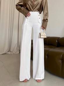 Pantalones rectos y de pierna ancha de estilo francés elegante con botones metálicos de doble botonadura y decoración, color blanco sólido para mujer. Altamente favorecedores y alargadores, adecuados para uso diario, oficina y citas