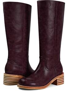 Women's Knee High Chunky Block Heel Square Toe Low Heel Boots, Style - Burgundy - View 4