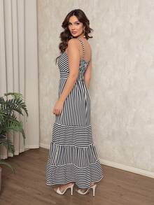 Striped Long Summer Dress With Adjustable Straps - Màu xanh hải quân - Xem 4