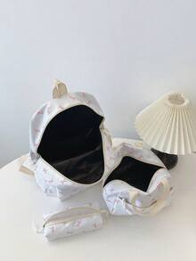 3pcs Fashionable Collegiate Bow Print Backpack Set, Includes Backpack, Lunch Bag And Pencil Case, With Laptop Compartment, Adjustable Shoulder Straps, Multi-Pocket Large Capacity, Multi-Functional Daily Backpack Set, Suitable For Girls/Teens/College Students/Graduates For Daily Use/Vacation/Travel/Back To School - White - View 5