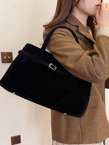 大容量绒面复古托特包女2024秋冬新款高品质通勤百搭手提包，甜美酷炫辣妹风女包