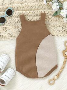 Infant Knit Romper, Cute Rabbit Jacquard Coffee Color Jumpsuit, Triangle Snap Crotch Design Overalls, Casual Minimalist Style