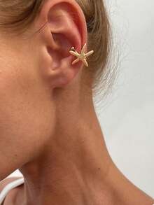 1 件复古简约时尚海洋元素金属金色海星、贝壳、太阳、月亮、花朵装饰夹式耳环，仿穿孔珠宝配饰，适合女士 - 金黃色 - 查看 4