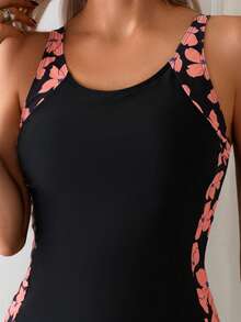 Stylish Women's Tankini Set With Round Neck Floral Tape Top And Solid Black Swim Shorts Casual And Sexy Medium Stretch - Black - View 2