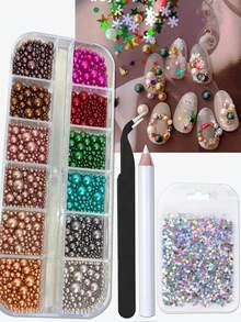 12 Grids Maillard Flat Back Pearls Nail Art Charms With Tweezers And Wax Pencil For Diy Christmas Jewelry & Elegant Accessories - Box In Coffee, Light Grey, Peach Brown Stars Nail Charms,For Nail Art Face Makeup Graduation Cap Decorations Diy And Craft Nail Supplies Nails - Multicolor - View 2
