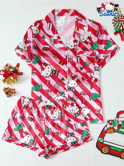 Sanrio Sanrio Women's Christmas Pajama Set, Red & Pink Striped Hello Kitty Poplin Short Sleeve Top With Pocket And Bow Shorts Casual Loungewear Set