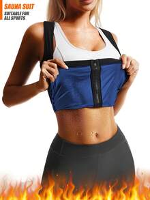 Bastudräkt för kvinnor - Högkompressionsträningsdräkt, Populär minimalistisk bastukläder för kvinnor, midjetrimmare, Tight passformande fitnessformande midja, Lämplig för gym, sport och yoga, Dragkedja för kvinnor, Dragkedjadesign, Andningsfria träningskläder - Blå - Visa 9