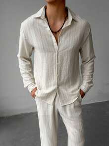 WAIT HIM Áo sơ mi nam tay dài cài nút họa tiết sọc thường ngày, mùa thu - Màu be - Xem 3