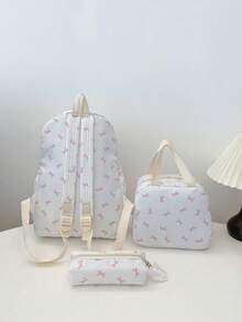 3pcs Fashionable Collegiate Bow Print Backpack Set, Includes Backpack, Lunch Bag And Pencil Case, With Laptop Compartment, Adjustable Shoulder Straps, Multi-Pocket Large Capacity, Multi-Functional Daily Backpack Set, Suitable For Girls/Teens/College Students/Graduates For Daily Use/Vacation/Travel/Back To School - White - View 10