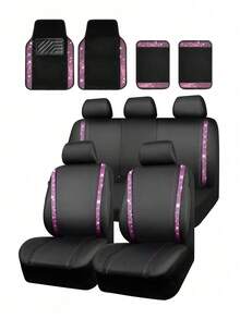 9pcs Glitter Diamond Car Seat Covers, 4pcs Glitter Diamond Car Foot Mats, Glitter Rhinestones Non-Slip PVC Set For SUV/Truck/Car (Complete Front And Rear, Waterproof All-Weather Interior Protection) - A款 - 查看 15