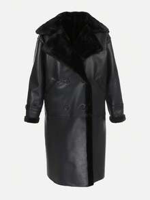 Long Oversized Coat With Faux Leather And Fur - Black - View 6