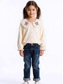 小女孩花卉刺绣彼得潘领长袖衬衫，开学季