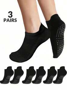 3 双女士黑色透气网眼、提耳、吸湿排汗速干针织面料袜子，鞋底防滑，Ins 风格，适合瑜伽、舞蹈、普拉提、室内健身、节日礼物。