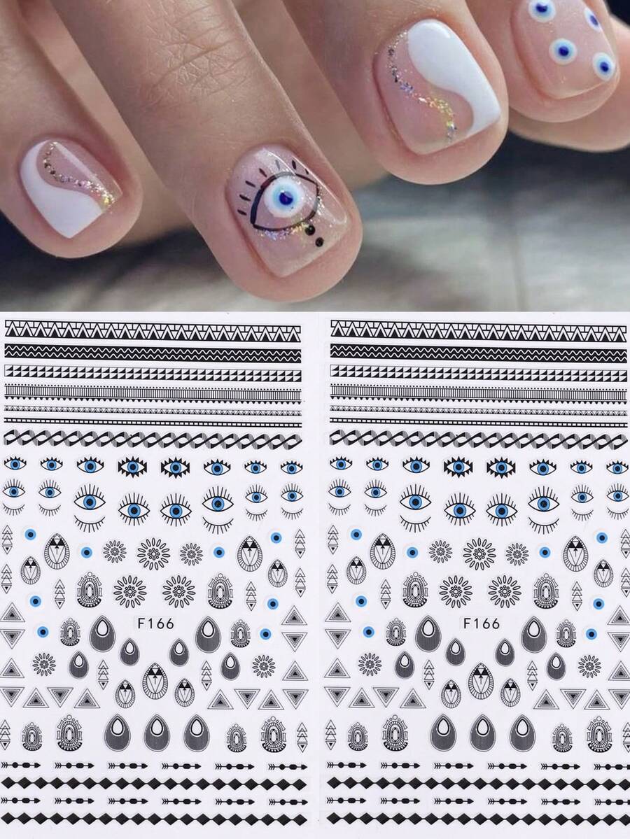 2 PIEZAS Diseños de uñas con ojo malvado negro y azul Pegatinas de arte de uñas 3D autoadhesivas Calcomanías Decoración de manicura Patrón de línea geométrica Accesorios de arte de uñas - Multicolor - Ver 1