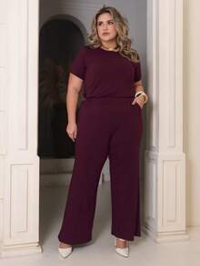 Women's Plus Size Set Of Sweatpants And Short Sleeve Top - Màu Đỏ Sâu - Xem 2