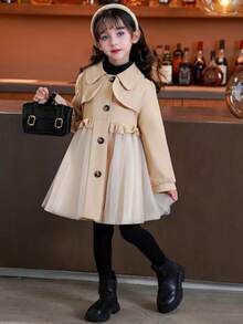 Girls' Mid-Length Trench Coat, Girls' Cute Solid Color Mesh Patchwork Single-Breasted Windbreaker, New Young Girl Tops, Girls' Elegant Clothing