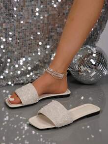 Plus Size Women's Slip-On Flat Sandals, Black Square Toe Rhinestone Non-Slip Soft Bottom Lace-Up Slippers, Fashionable With Dresses, Suitable For Beach, Housewife's Choice, Summer