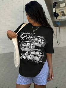 Loose Casual T-Shirt With "Savage" Lips And Stars Print, Retro Style, Soft 50% Cotton, Suitable For Summer - Black - View 6