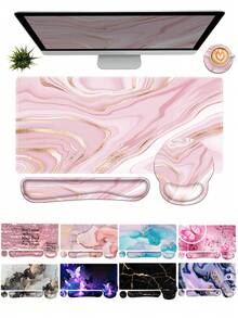 四合一键盘鼠标垫套装，包含大号鼠标垫、键盘腕托、鼠标腕托和杯垫，符合人体工学设计，适用于家庭办公室电脑桌。 - 彩色 - 查看 1