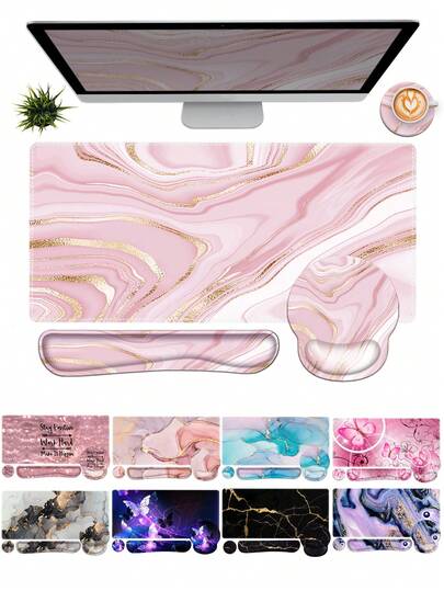 4-In-1 Keyboard Mouse Pad Set, Including Large Mouse Pad + Keyboard Wrist Rest + Mouse Wrist Rest + Coaster, Ergonomic Design, Suitable For Home Office Computer Desk