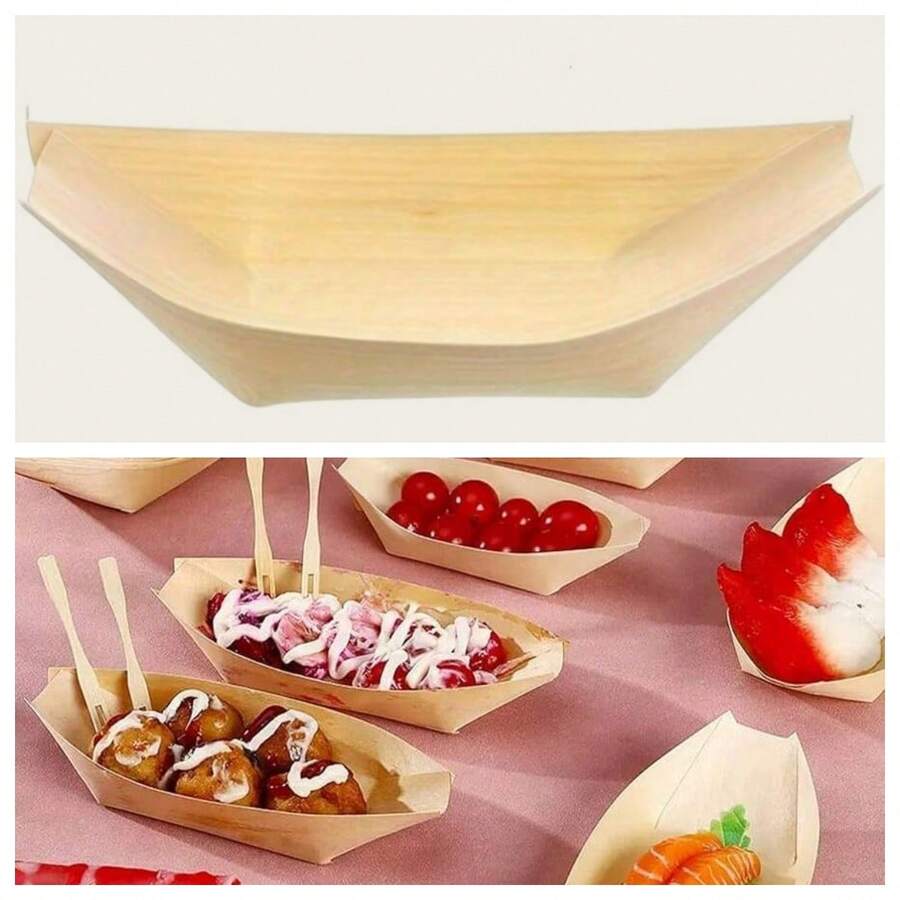 50 件/100 件 11.7 厘米小型手工木船托盘 - 抛光高品质一次性开胃菜和寿司托盘，适用于节日派对、万圣节、圣诞节、情人节、感恩节、毕业典礼 - 创意小吃和甜点容器，用于盛放食物的托盘