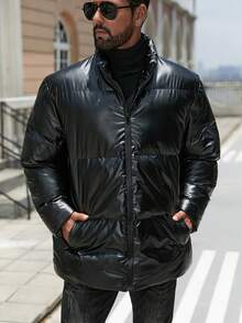 Solid Color Zipper Casual Long Sleeve Jacket, Warm For Autumn/Winter - Black - View 7