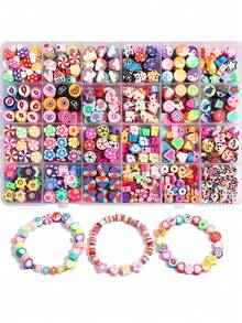 24颗装聚合物粘土珠套装，可爱有趣的粘土珠，包含花朵、蝴蝶、爱心、字母、小马等造型，适合制作手链、项链和其他DIY饰品。
