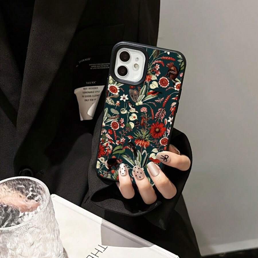 1pc Vintage Floral & Animal Pattern TPU Phone Case Compatible With IPhone// Phones - الأسود - مشاهدة 1