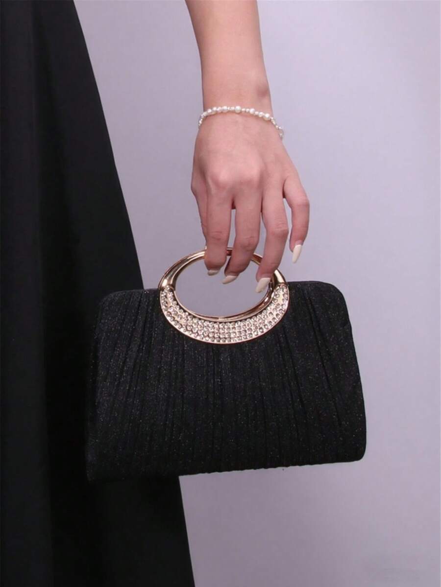 Egg-Shaped Diamond Pleated Shiny Magnetic Closure Elegant Women's Evening Bag, Suitable For Wedding, Party, Birthday Gift - Black - View 1