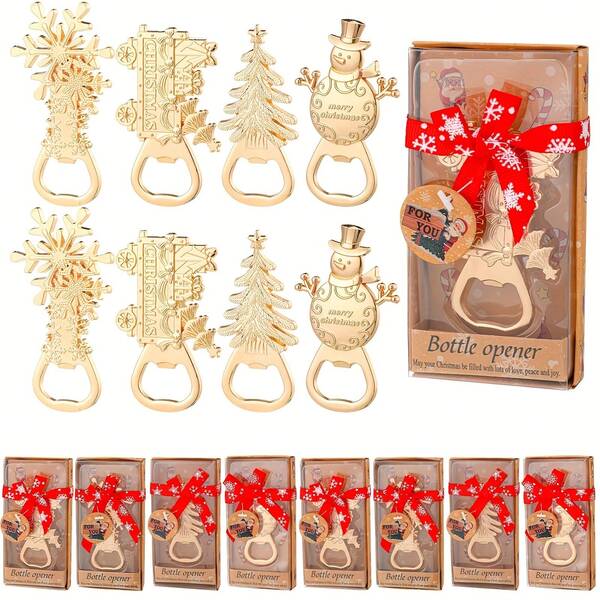 1 pieza Juego de abrebotellas navideños - 4 diseños festivos (árboles, muñecos de nieve, copos de nieve, carritos de regalo) - Decoración navideña y accesorios de bar funcionales de metal duradero para el hogar, fiestas, regalos - No se necesita electricidad, suministros para fiestas, artículos esenciales para bar en el hogar, decoraciones de temporada, abridor de alta calidad, construcción resistente, utensilios de cocina, organizadores de fiestas, decoración navideña