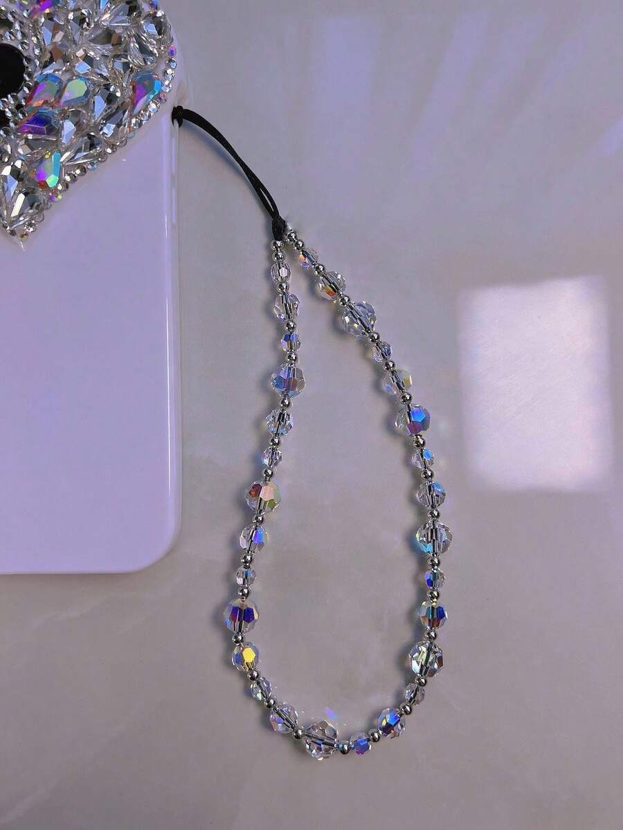 1pc Fashionable Minimalist Silver Glass Phone Lanyard, Phone Accessory, Digital Camera Pendant - Silver - View 1