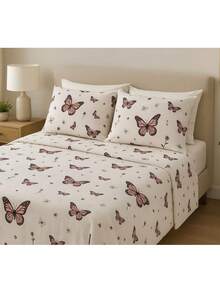 JOGO DE CAMA LENÇOL king 4 PEÇAS DE ALGODÃO - BORBOLETA BEGE - Visão 5