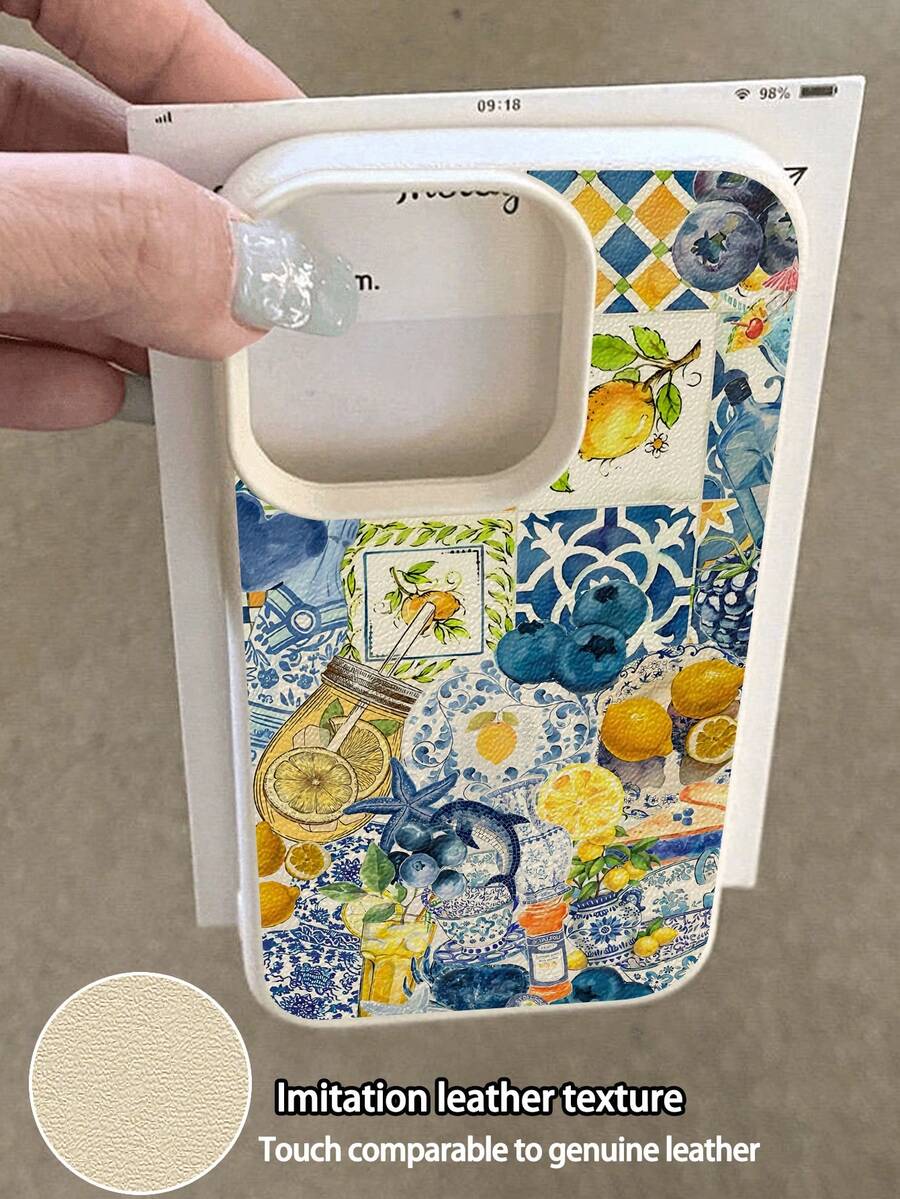 1件装 时尚夏季柠檬蓝莓花卉拼接荔枝纹理防摔防滑软手机壳保护套 兼容苹果和其他手机 - 彩色 - 查看 1