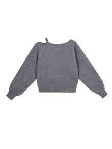 复古美感露肩设计宽松休闲百搭长袖毛衣，适合秋季女士 - 深灰色 - 查看 4