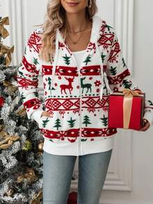 Plus Size Women Christmas Print Hooded Zip-Up Casual Jacket - Multicolor - View 3