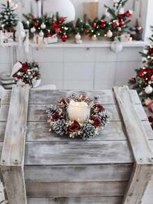 1pc/2pcs Christmas Candlestick Wreath Artificial Pine Cone Red Rose Flower Gold Flower, Winter Artificial Rose Flower Greenery Leaf Plant Candlestick Wreath, Faux Pine Fake Green Leaf Candle Ring Xmas Ornaments, For Christmas Decoration Christmas Decorations Room Decor