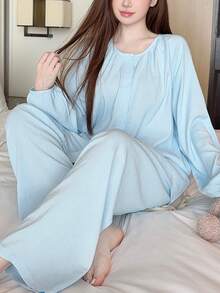 2 Stück Damen Einfarbiger Lässig Pyjama Set, Blau Langarm Knopfleiste Nachtwäsche, Herbstkleidung