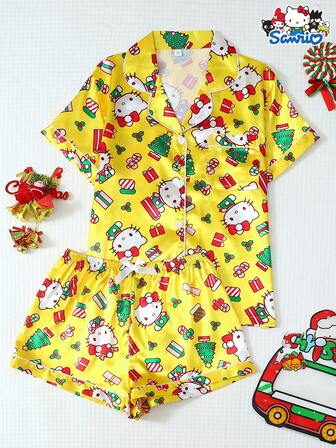  Sanrio 女士圣诞睡衣套装，Hello Kitty 缎面短袖上衣带口袋和蝴蝶结短裤休闲家居服套装