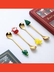 2 Stücke Weihnachts-Kaffeelöffel mit roter Geschenkbox - Kreative Weihnachtsbaum, Weihnachtsmann, Stern Edelstahl Löffel, geeignet für Essgeschirr, Dessert, Tee, Suppe Rühren, praktisches Weihnachtsgeschenk - Weihnachtsparty Zubehör