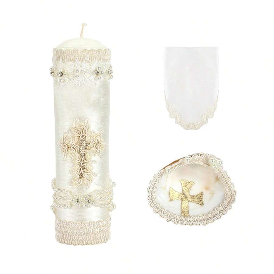 Kit de Bautizo Noe - Maylin - Set Vela Paño y Concha - Beis - Ver 1