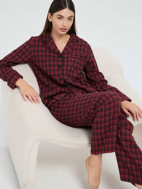 New Women's Fashion Casual Plaid Pajama Set, Thicker Winter Version, For Christmas Clothes