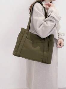 1pc Nylon Multi-Pocket Tote Bag, Women's Practical Versatile Large Capacity Shoulder Bag - Army Green - View 3