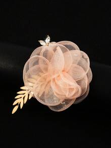 Pearl & Golden Leaf Chiffon Camellia Flower Wrist Corsage, Elegant & Fashionable Bridesmaid/Party Bracelet - Style 2 - View 2